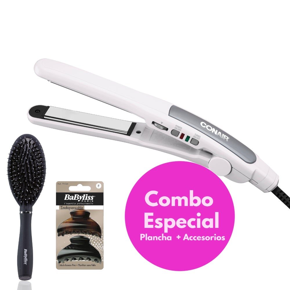 Combo Plancha Alisadora Cerámica + Cepillo Ovalado + Caimanes Medianos Conair_001